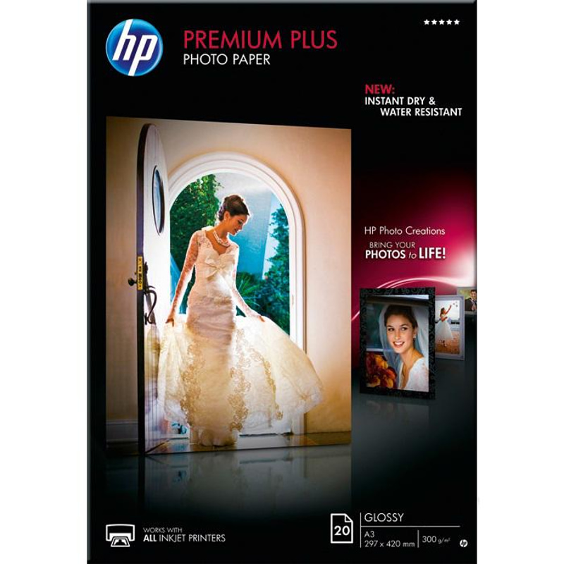 HP Premium Plus Photo Paper, Glossy, White, A3, 300 gsm, 20 Sheets
