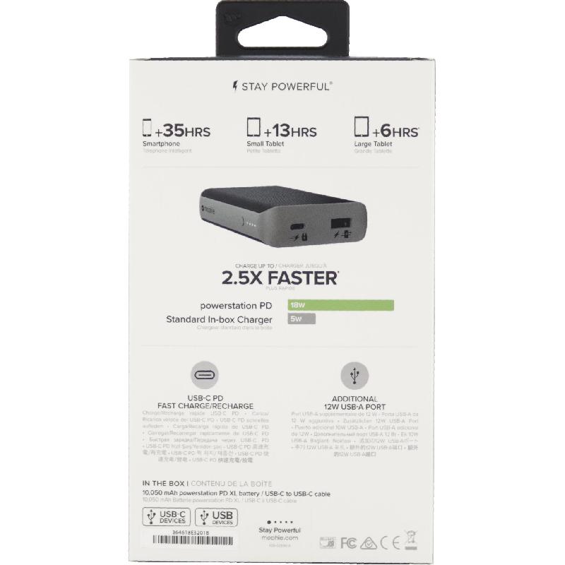 Mophie Powerstation PD XL Power Bank, Fast Battery Charging, 10050 mAh, Dual USB (USB (QC 3.0)/USB-C I/O), Black — 3