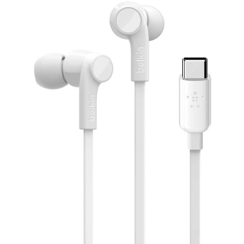 Belkin Rockstar In-Ear Earphones, Passive Noise Isolation, Wired, USB-C, Built-in Microphone, White
