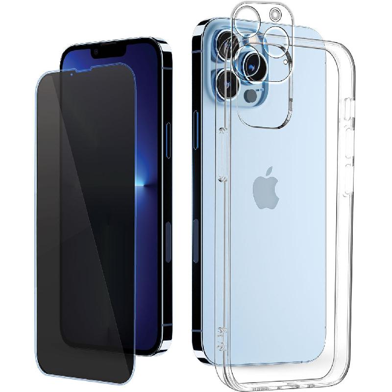 3-in-1 Hard Case + Privacy Tempered Glass + Camera Lens Protector Smartphone Case Bundle, for iPhone 13