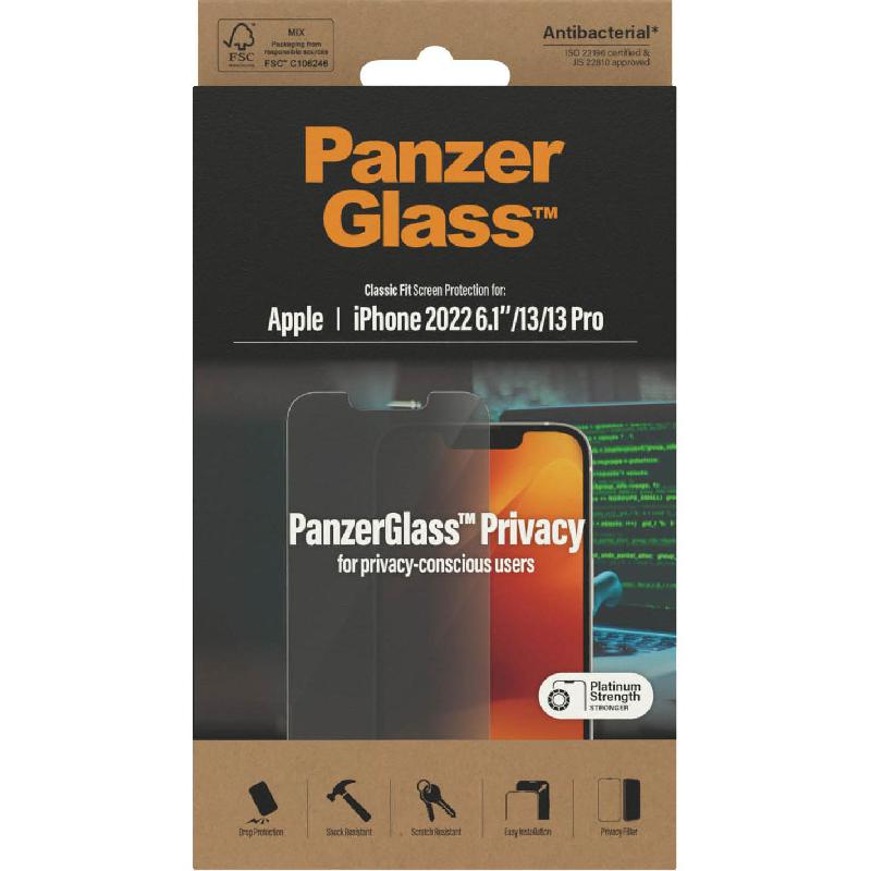 PanzerGlass Classic Fit Smartphone Screen Protector, Tempered Glass, Privacy, for iPhone 14/iPhone 13/iPhone 13 Pro