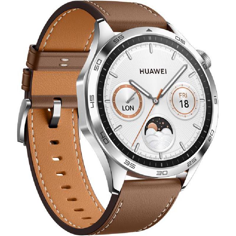Huawei Watch GT 4 46 Smartwatch, GPS, 1.43", Silver Stainless Steel Case, Brown Leather Strap — 3