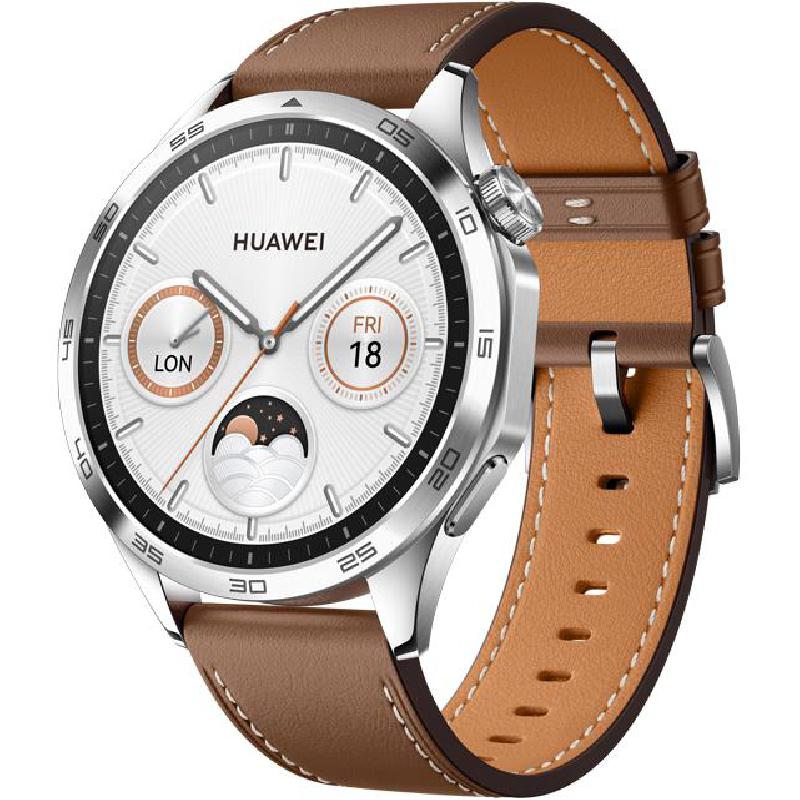 Watch GT 4 46 Smartwatch, GPS, 1.43 Inch, Silver Stainless Steel Case, Brown Leather Strap