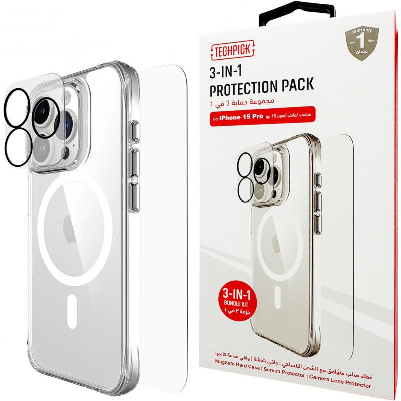 3-in-1 Protection Pack MagSafe Hard Case + Tempered Glass + Camera Lens Protector Smartphone Case Bundle, for iPhone 15 Pro, Clear