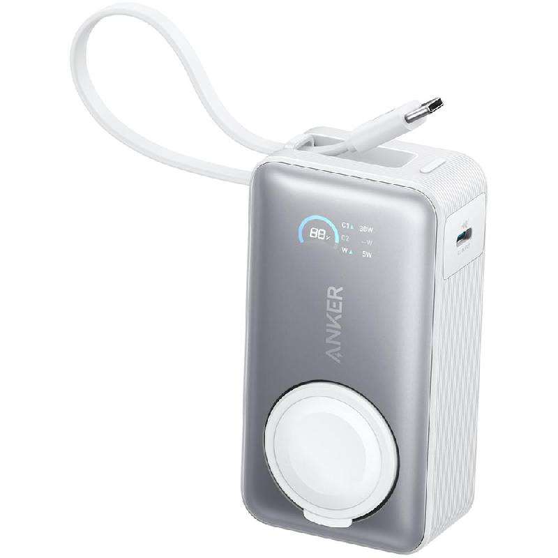 Nano Power Bank 10K mAh 30W with Built-In USB-C Cable, Foldable Apple Watch Charger, Fast Battery Charging, 10000 mAh, Single USB-C (I/O Charging), White