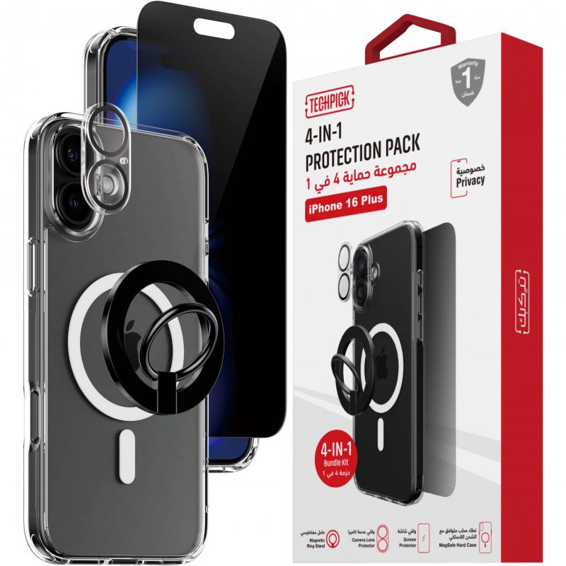 Techpick 4-in-1 Protection Pack Clear Case + Privacy Tempered Glass + Camera Lens Protector + Magnetic Stand Smartphone Case Bundle, for iPhone 16 Plus, Clear
