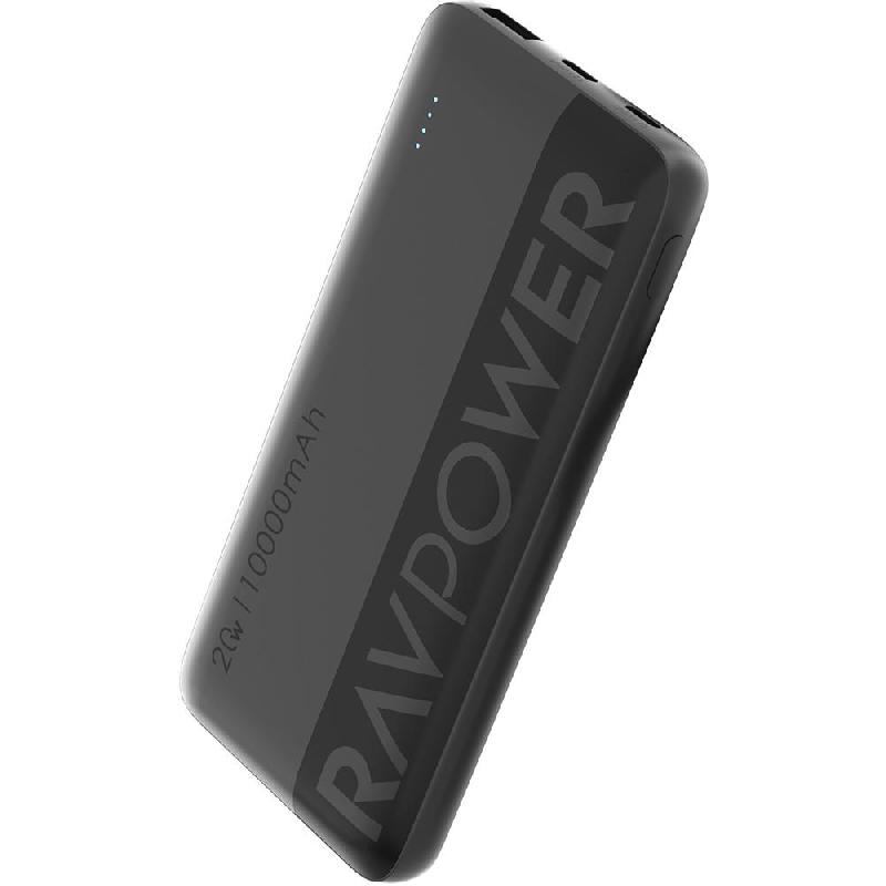 RAVPower PD Pioneer 20W 10000 mAh Power Bank with LED Display, PD Fast Charging, 10000 mAh, 3 USB (1X USB/2X USB-C), Black