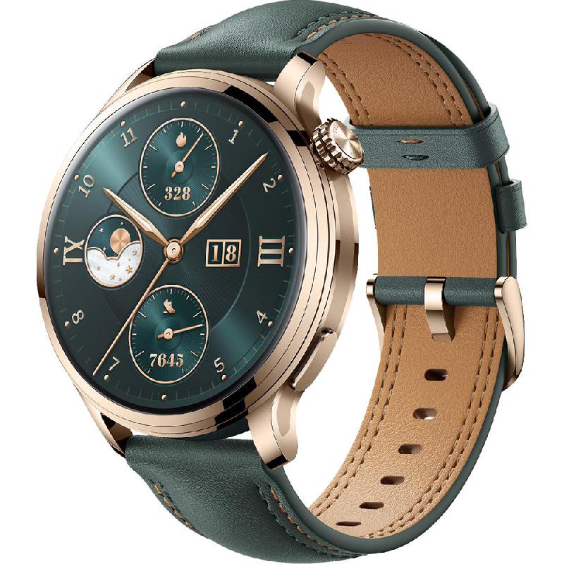 Watch 4 Pro Smartwatch, GPS, 1.5 Inch, Gold Stainless Steel Case, Green Leather Strap, One Size