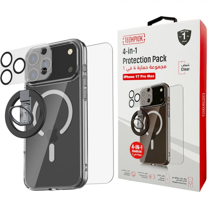 4-in-1 Protection Pack MagSafe Hard Case + Tempered Glass + Camera Lens Protector + Magnetic Stand Smartphone Case Bundle, for iPhone 17 Pro Max, Clear